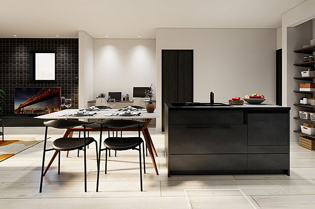 【キッチン｜ＩＨクッキングヒーターや食器洗い乾燥機など標準装備】スタイリッシュなシステムキッチンは家事の時短に効果大の食洗器付き。高温洗浄、節水効果もあり、奥様の家事効率化を図ってくれます◎／1号地建物完成予想パース