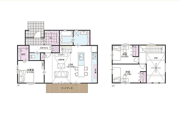 【4号地建物プラン例】吹抜けが心地よい開放感を演出。II型回遊キッチンやウッドデッキを備え、家族時間をゆったり楽しめる住まいです。さらに1階主寝室で、将来を見据えた暮らしやすさも魅力。