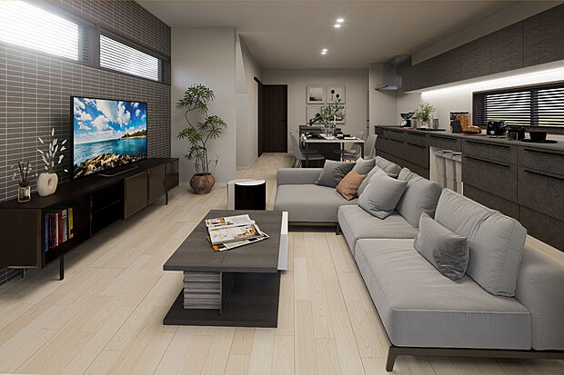 【2号地建物完成予想パース】玄関からリビング、キッチンを回遊できる、家事動線を意識した水廻り短縮プラン。キッチンとお風呂が隣なのでお料理をしながらお風呂掃除や洗濯機をまわしたり...時短の「ながら家事」が叶います!