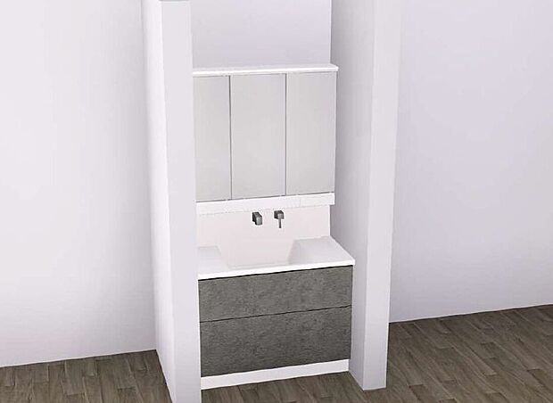 【【イメージパース】洗面化粧台】使いやすさと収納力を兼ね備えた三面鏡洗面化粧台。三方向から身だしなみをチェックでき、毎朝のヘアセットやメイクもスムーズに行えます。鏡裏にはたっぷりの収納スペースを確保し、化粧品や小物類をすっきり整理。ボウル一体型カウンターは継ぎ目が少なく、お手入れも簡単です。シャワー水栓付きで洗髪や掃除にも便利。明るい照明が顔まわりをしっかり照らし、快適な身支度空間を演出します。機能性とデザイン性を両立した、暮らしにうれしい洗面化粧台です。