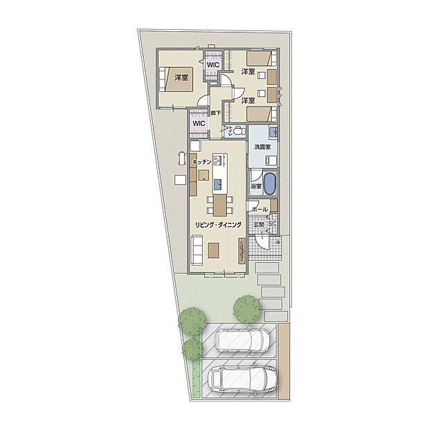 3LDK+WIC×2廊下を少なくし無駄を省くことで、その分のスペースを、お部屋の広さと 2つのWICの確保に役立てています。