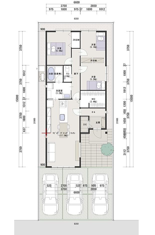 建物プラン例（配置図）建物価格：2840万円延床面積：87.46m2(26.45坪)間取り：２（３）LDK＋WIC（※本体工事、給排水、諸経費を含む）プランは一例です。