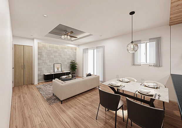 【（1）内観予想イメージ】になります。※実際と異なる場合は現況優先になります。　建売りらしくないを追求した内装。LDKのグラビオエッジは落ち着きと特別感を与えてくれます。