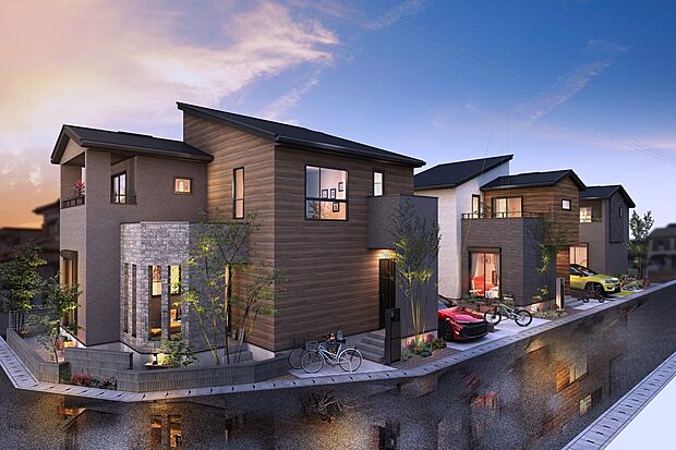 各邸に気高さと落ち着きを感じる色合いを持たせることで街並みに統一感を持たせました。様々な要素が融合し、街並みを形成。 流山市に新たなシンボルとなる永住の邸がここに誕生します。（1期街並みパース）