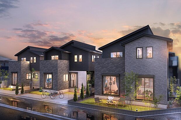 街路樹が連なる幅員16mのメインストリートに面する全3邸。成熟を重ねた区画整理地の理想を受け継いだ、豊かな時が紡がれていきます。（街並完成予想図）