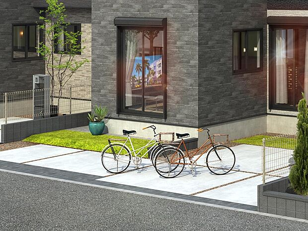 【カースペース2台】全棟2台分のカースペースを確保しました。通勤やお買い物、休日のレジャーなどアクティブライフをサポートする他、来客の際にも役立ちます。※2台目は軽自動車対応（街並完成予想図）