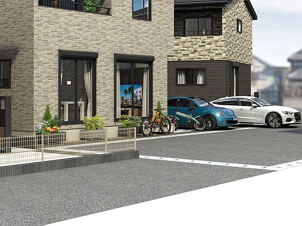 【完成予想図(外観)】【全棟カースペース2台標準】通勤やレジャーなどライフスタイルを広げてくれるカースペースを2台分確保。※2台目は軽自動車を想定している場合があります（街並完成予想図）