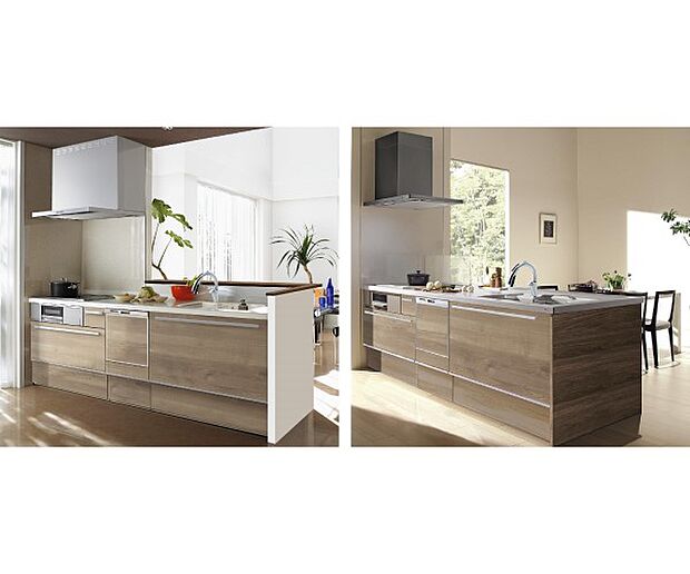 【【クリナップ】システムキッチン】家族でのコミュニケーションがとれる対面型システムキッチンです。横一列にシンクとコンロをまとめたシンプルな形です。動きやすさとスタイリッシュなデザインが魅力です。