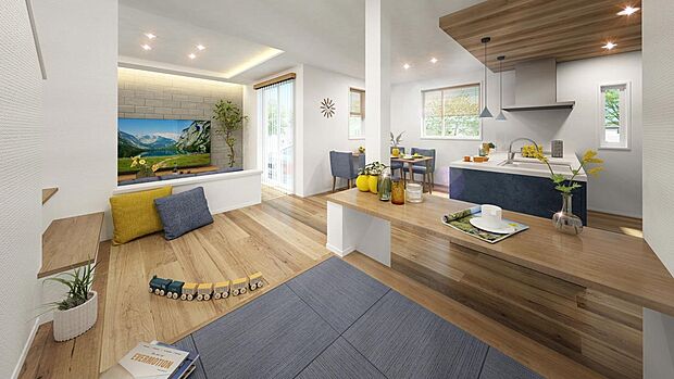 【完成予想図(内観)】約17～18帖の広さがゆとりを語り、視線の抜けと寛ぎを誘うのワイドLDK。連続性を描く空間構成が、家事時短と家族の触れ合いを届けます。（3号棟内観完成予想図）