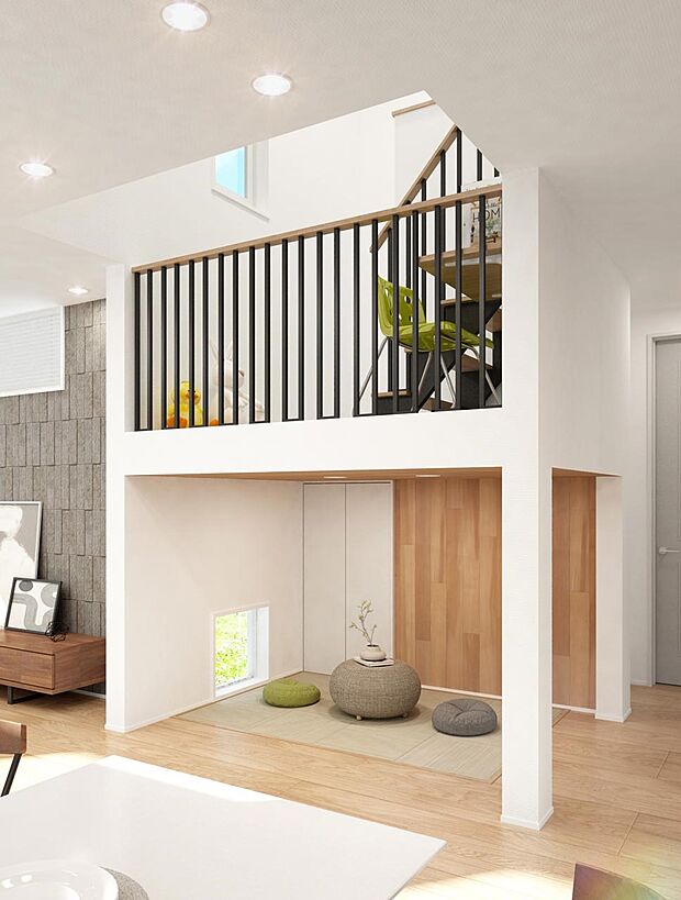 【完成予想図(内観)】空間に変化をつけた設計が暮らしにひと味加える特別な空間。スキップフロアが暮らしに“遊び”を添えます。（1号棟 内観完成予想図）