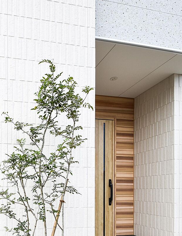 【玄関】白のストーン調外壁に、ウッド調のアクセントや植栽のコントラストが映えるファサード。隣接する公園の緑ともやわらかく調和し、自然の潤いを暮らしへと取り込む景観デザインを描きます。（2025年11月撮影）