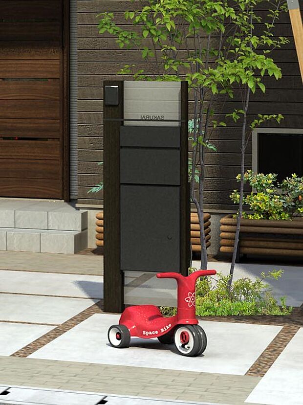 【完成予想図(外観)】【PICK UP】宅配ボックス付システム門柱。不在時の荷物の受け取りに便利な宅配ボックスなら、面倒な再配達の手配や玄関先での受け取りも不要です。（街並完成予想図）