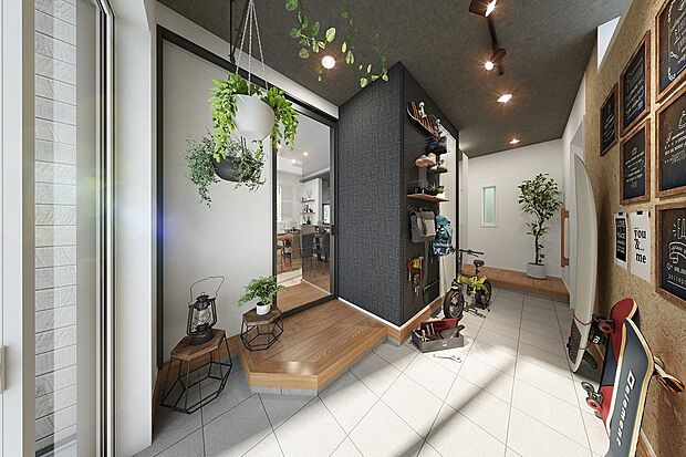 【完成予想図(内観)】室内の2方向からアクセスできる土間空間。棚やフックなどが設置できる有孔ボードなどを設置した、DIYなどに活用できるスペースです。（2号棟 内観完成予想図）