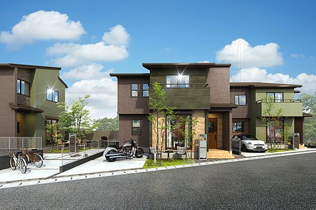 【完成予想図(外観)】【森街区】背景に見える森や植栽と相性の良いフォレストグリーンをメインカラーに用いました。深めの庇が描く陰影やレンガ調と石目調の外壁が品のあるアクセントを添えています（街並完成予想図）