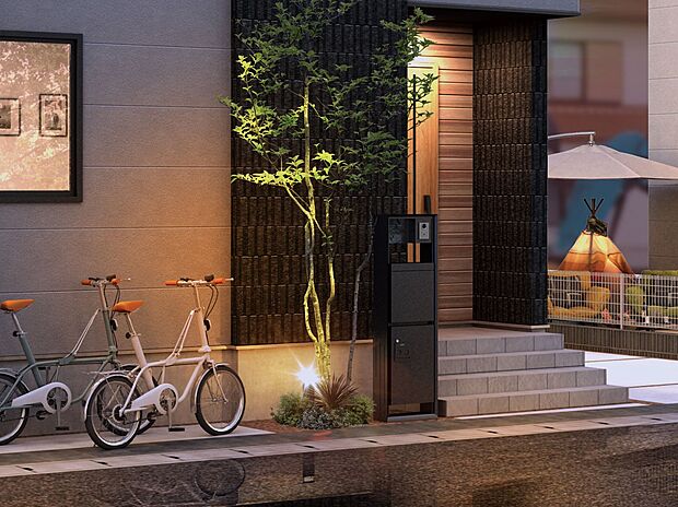 【完成予想図(外観)】【エクステリアライト】夜の街を明るく照らす門柱にエクステリアライトを採用。防犯灯としても役立ちます。(街並完成予想図)