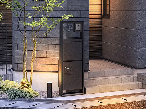 【完成予想図(外観)】【宅配ボックス付のシステム門柱】インターホンや表札・ポスト一体型。不在時でも、面倒な再配達の手配や玄関先での受け取りも不要 ※門柱のカラーはイメージです ※表札についてはオプションとなります