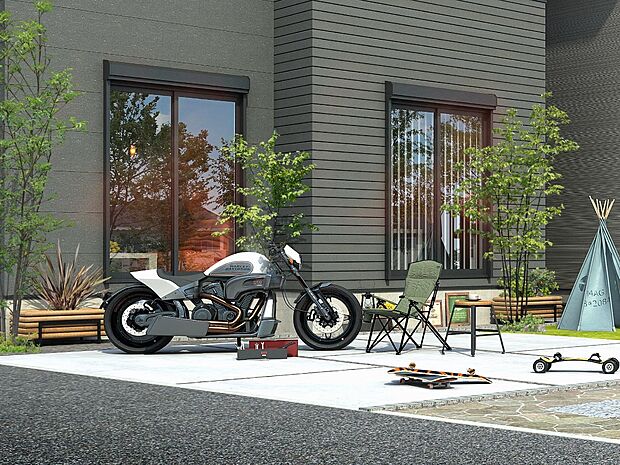 【その他画像】【カースペース】全棟2台駐車可能。コンクリートと素材を交互にレイアウトしたデザインを施し、車が止まっていないときも美しい景観を描きます。※号地により2台目軽自動車対応(街並完成予想図)