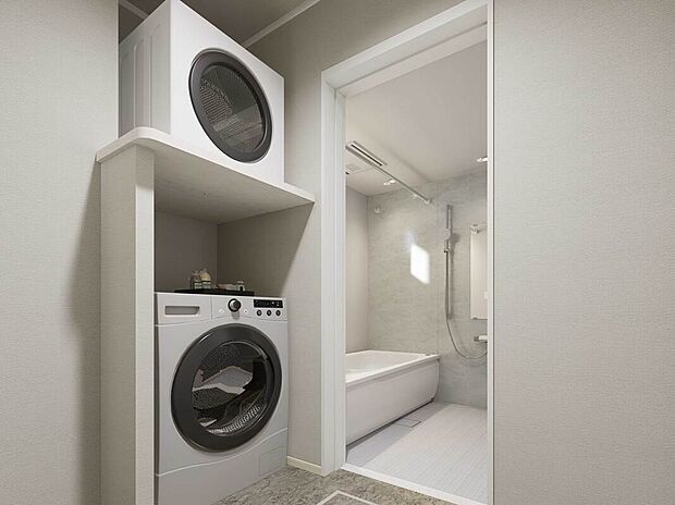 【【成約済み同分譲地　内観パース/洗面脱衣室】】ガス衣類乾燥機「乾太くん」を設置。短時間・低コストで洗濯が完了します！