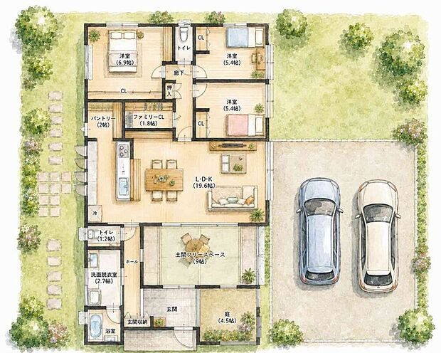 【ご参考　間取り例　[ 平屋プラン ]】～人気の平屋をゆったり建てる～　　　　　　　自由設計ですので、ご希望にあわせてプランニングいたします