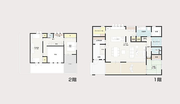 【ひかり庭の家 [見学可]和室とプライベート庭がある参考間取り】現在ご見学いただけるモデルハウスの間取りです(60坪地プラン)。リビングからも和室からもひかり庭が見られます。外からの視線はさえぎりつつ室内まで明るく自然光をとりこめるようになっています。自由設計なので広さや建材も土地サイズ・ご希望に応じておつくりできます。