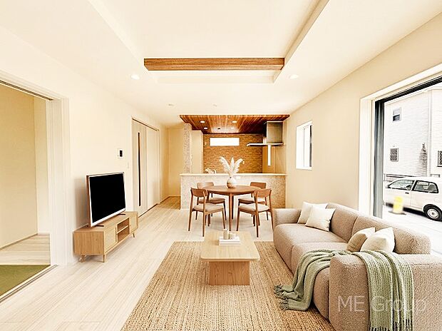 お洒落で開放感のある折り上げ天井を採用したリビング※家具はCGです