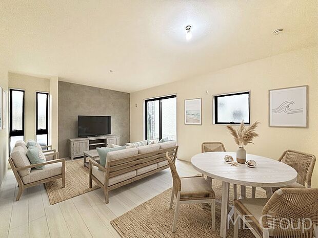 大きな窓からたっぷりの陽光と風を感じられるリビング ※家具はCGです