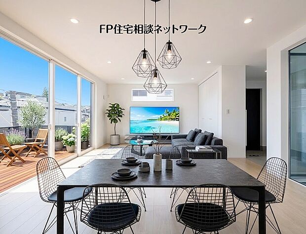 【LDK21.4帖】 本画像はAIがCGで家具・ウットデッキを作成しており、実際の現地に家具・ウットデッキは設置されておりません。また、販売価格に家具・ウットデッキ等は含まれておりません。