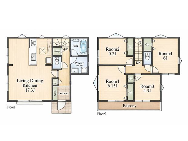建物プラン例(No2)4LDK、土地面積113.64m2、建物価格1870万円、建物面積90m2  