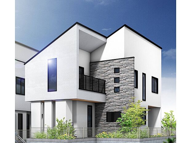 【外観】【建物プラン例　建物価格2100万円（税込み、建物面積100m2】Fredge（フレッジ）アクセントの石の印影が映し出す、豊かな個性。拘りぬいたデザインがファサードに重厚感漂う風格をもたらします。