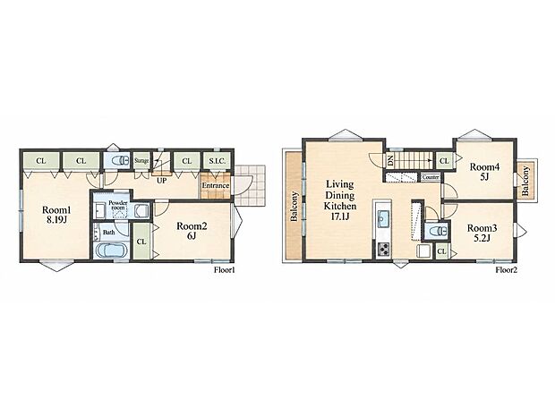 【内観】建物プラン例(No1)4LDK、土地面積125.01m2、建物価格1870万円、建物面積95m2