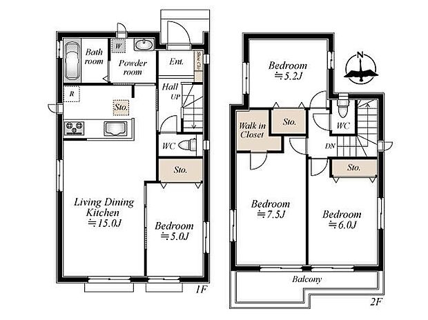 【4LDK】ゆとりある4LDKの間取り。家族が集まる15畳のLDKに加え、各居室に収納を完備した、お部屋を広くスッキリと使える住設計です。