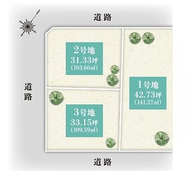 様々なプランにマッチする３区画。ゆったりとした敷地でお庭や駐車スペースも十分確保できます。住環境が整っていて世代も暮らしやすい街。街区の2区画が角地なので設計の自由度が高く、日当たりや風通しが◎