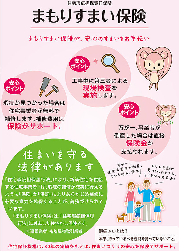 【■まもりすまい保険が、安心のすまいをお手伝い■】引渡しから10年間、確実に保証を行うことができるように「住宅瑕疵担保履行法」では、あらかじめ「保険」か「供託」によりあらかじめ資力を確保することが義務付けられています。