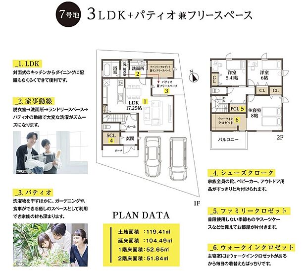 【参考プラン】【藤井町参考プラン】３LDK＋パティオ兼フリースペース
洗濯ものを干すほかにガーデニングや食事もできる癒しのスペースとして利用でき家族の絆も深まります。
