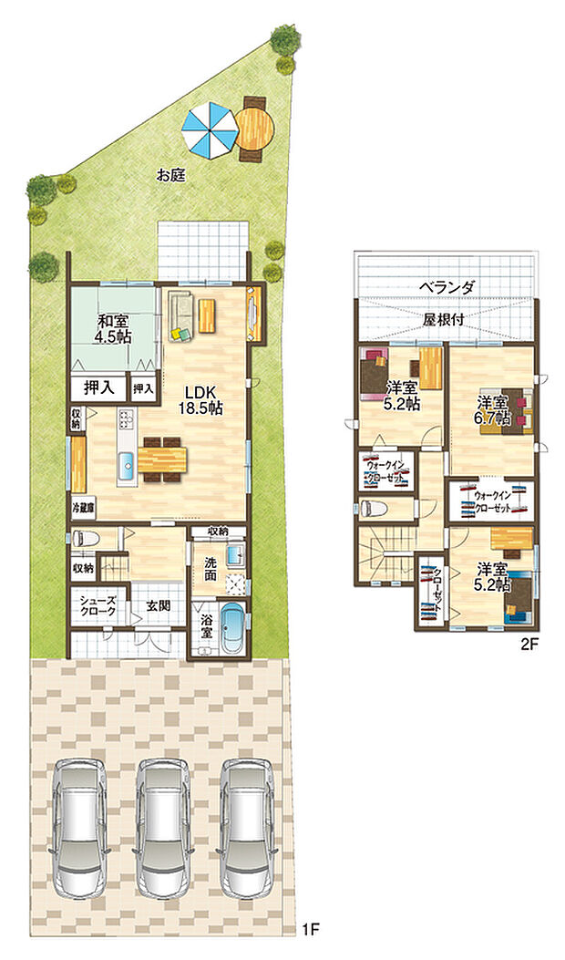 約60坪の広い敷地に車庫3台、裏庭付きのプランです。
