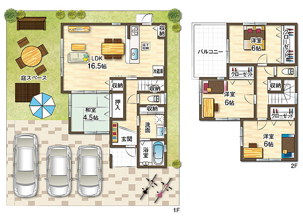 【4LDK 車庫3台可】使い勝手のいい間取りに車庫3台、お庭付