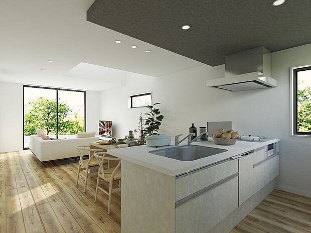 【【1号棟】◆内観イメージパース◆】【1号棟】◆内観イメージパース◆フラット対面キッチンと吹抜があり開放的な空間に。フラット対面キッチンはインテリアの一部のようなキッチンで、よりおしゃれな空間を演出します。