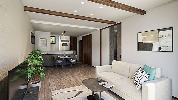 【内観イメージパース】化粧梁と落ち着いた色調のインテリアが、
空間全体をスタイリッシュかつ心地よい雰囲気に演出。