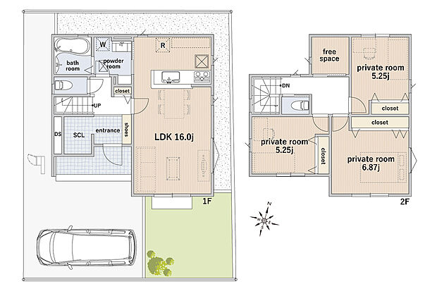 【8号棟　間取り図】
LDK16帖／玄関横ＳＣＬ有／各居室収納有／2階フリースペース有