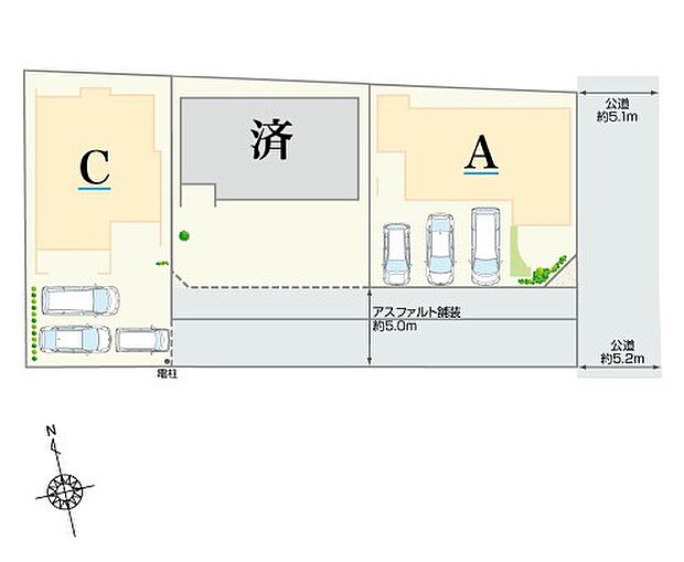 【全体区画図】
全3戸の新築分譲住宅。ウォークインクローゼットやパントリーなど収納豊富な「5LDK」の住まいです。3～4台分の駐車スペースを確保しています。