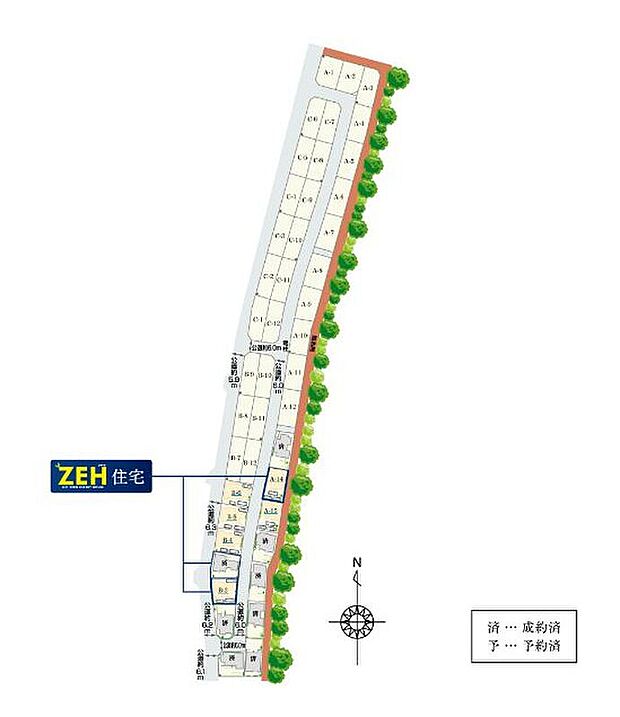 【全体区画図】
・全邸南向きの明るい住まい
・コミュニケーションが生まれやすい道路計画
・区画東側に整備された遊歩道