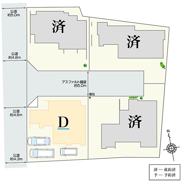 【全体区画図】
おかげさまであと1棟の販売となりました！敷地面積45坪以上、駐車3台可。西側前面道路に面した立地で、夕方までしっかり日差しが差し込む住まいです♪