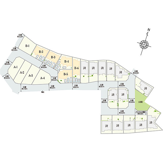 【全体区画図】
全23棟の新たな街並みが誕生します。B-2棟～B-5棟のご案内！周辺は閑静な住宅街で車通りが少ないです。カースペースは3台分以上を確保しており、来客時のご案内もスムーズ！
