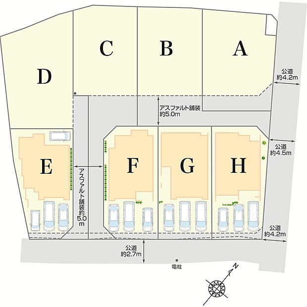 全8棟の明るくのびやかな配棟計画。全棟土地面積48坪以上のゆとりある敷地を活かし、駐車3~4台分を確保しました。道路からの見通しも良く、お子様の飛び出しにも配慮された安全な街区計画です。