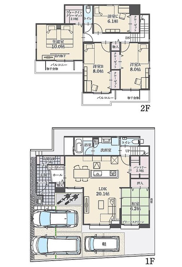 【5LDK】5LDK+ウォークインクローゼット+玄関収納+パントリー
駐車3台可
※延床面積に設備設置スペースの一部(1.68m2)含む

キッチンはグルッと回りを一周できるアイランドキッチンを採用♪