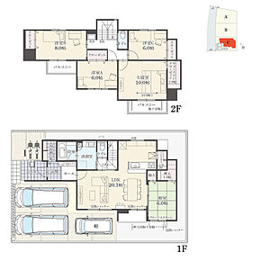 5LDK+ウォークインクローゼット+玄関収納+パントリー
駐車3台分
※建物面積にポーチ面積の一部(0.77m2)含む

南向きバルコニーを2箇所設けています。 