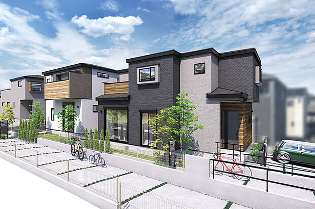 モダンなフォルムに木目調のアクセントを施し、出窓などの窓形状が豊かな表情を描くファサード。カースペースを抱き合わせることでアプローチ部分に開放感を創出しています。