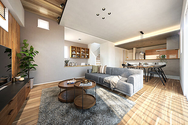 【木のぬくもりに包まれる心地よいリビング】
LDKは全邸18帖以上を確保、家族みんなでゆったりと寛げる空間です。ウッドパネルやフロアなど、天然木のインテリアがリビング中をほっこりと包み込みます。