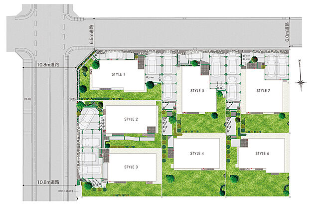 【開放感と広がりに恵まれた街】
ゆとりある前面道路に面し、カースペースを抱き合わせで配置することでアプローチに開放感を創出。南庭には爽やかな陽光が降り注ぎ、明るさを堪能できる配棟計画となっています。