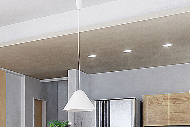 【【アクセントクロス】】キッチン天井に、インテリアに変化を付けるアクセントクロスを施しました。銘木フロアとも調和し、家族のくつろぎ時間を柔らかく包み込みます。※号棟により採用状況が異なります。